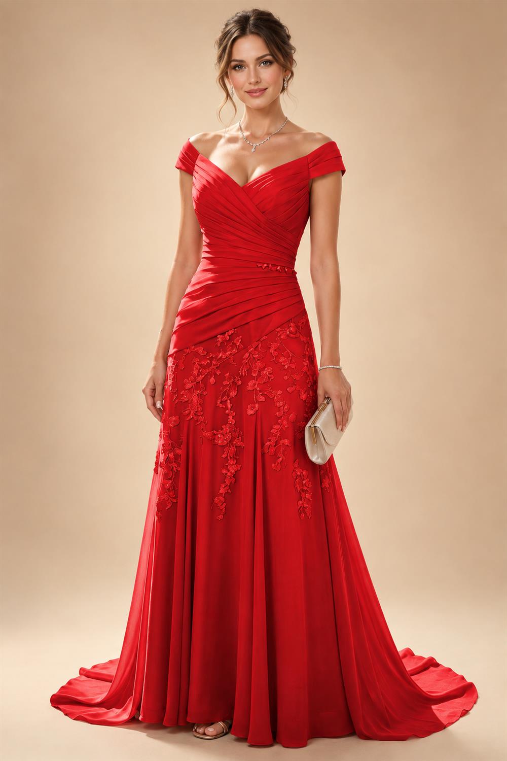 Chiffon Lace A-Line/Princess Off Shoulder Long Mother of the Bride & Groom Dresses with Ruched Waist & Sweep Train (SHI22501250)
