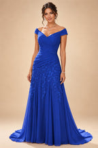 Chiffon Lace A-Line/Princess Off Shoulder Long Mother of the Bride & Groom Dresses with Ruched Waist & Sweep Train (SHI22501250)