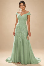 Chiffon Lace A-Line/Princess Off Shoulder Long Mother of the Bride & Groom Dresses with Ruched Waist & Sweep Train (SHI22501250)