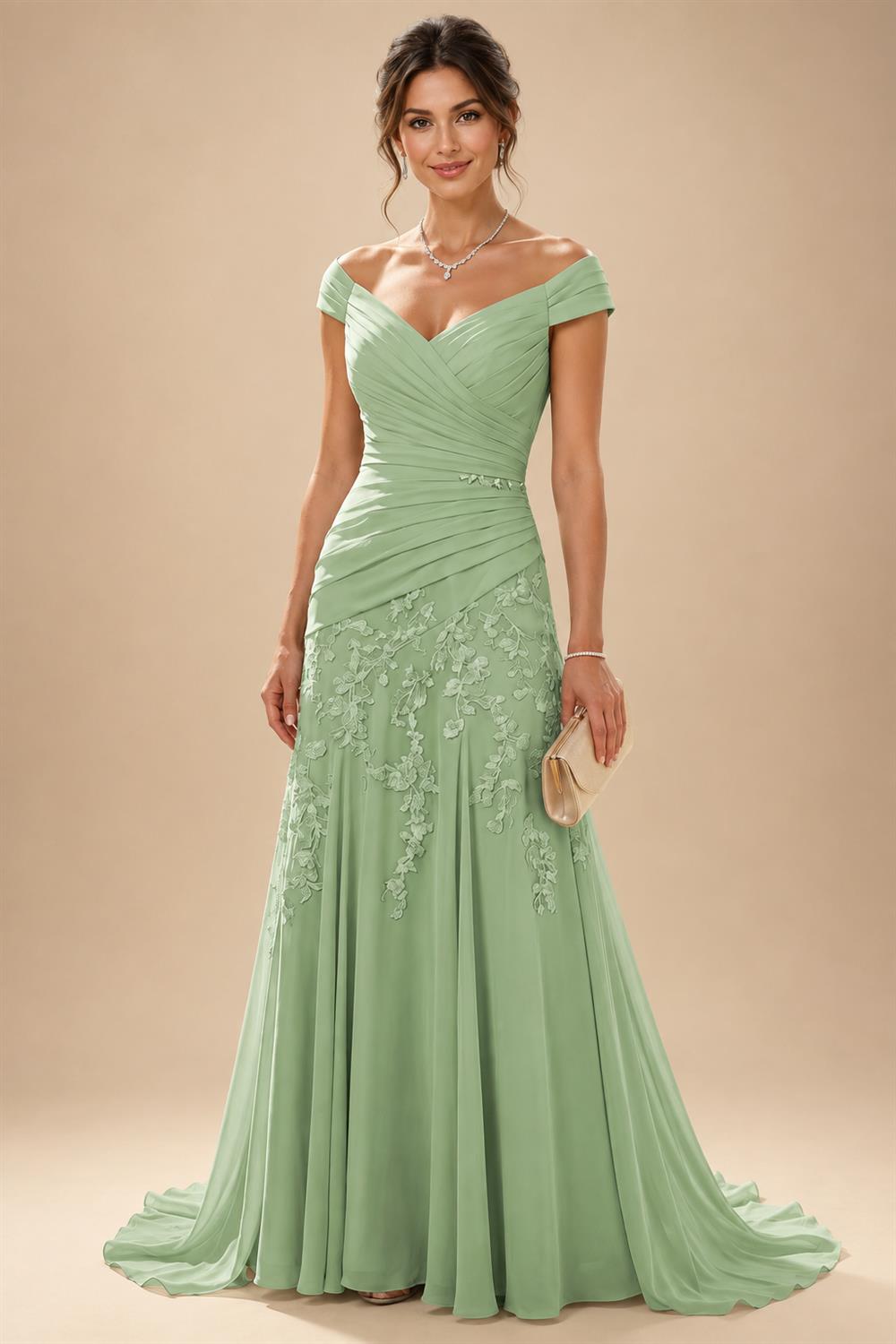 Chiffon Lace A-Line/Princess Off Shoulder Long Mother of the Bride & Groom Dresses with Ruched Waist & Sweep Train (SHI22501250)