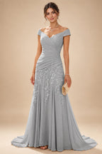 Chiffon Lace A-Line/Princess Off Shoulder Long Mother of the Bride & Groom Dresses with Ruched Waist & Sweep Train (SHI22501250)
