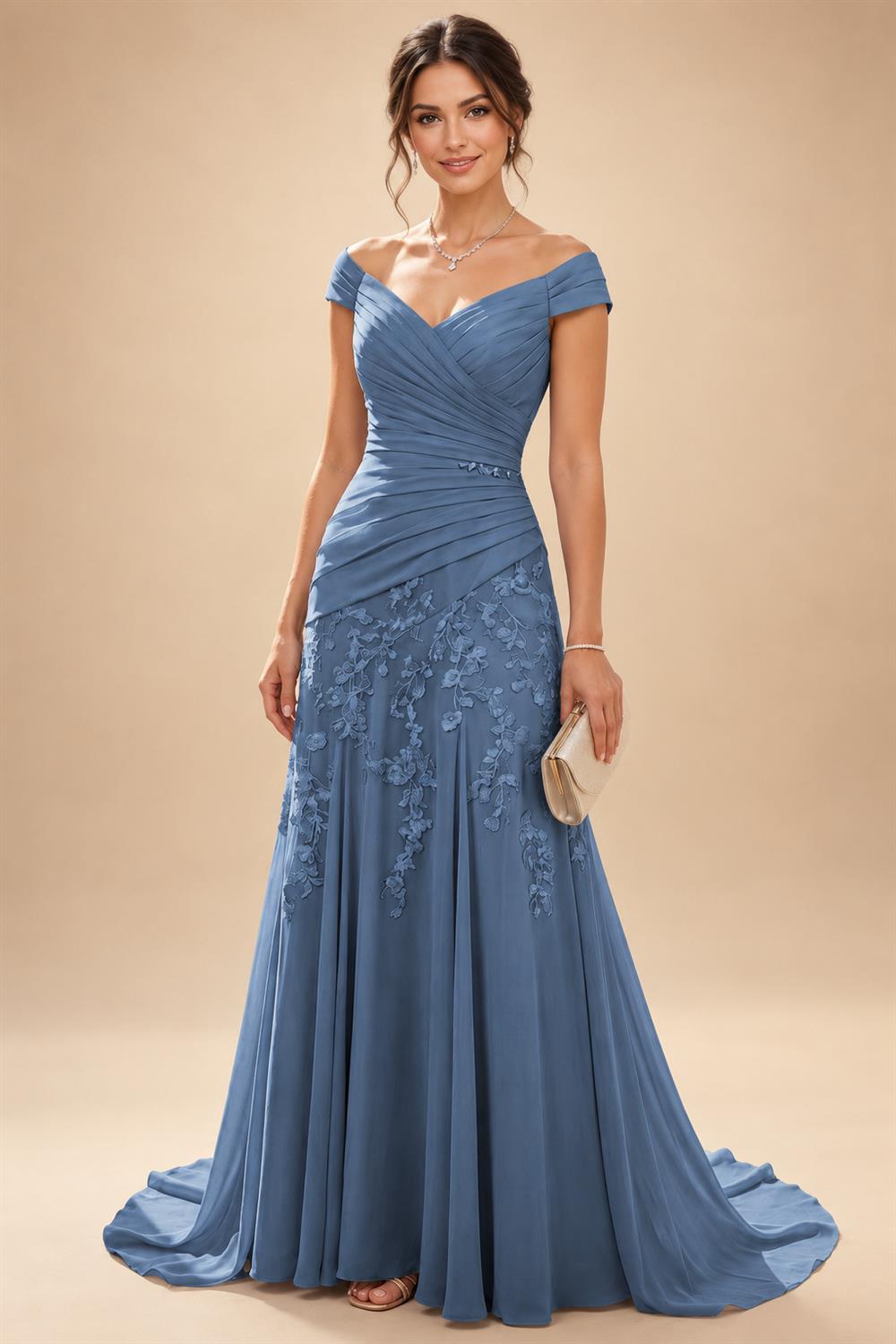 Chiffon Lace A-Line/Princess Off Shoulder Long Mother of the Bride & Groom Dresses with Ruched Waist & Sweep Train (SHI22501250)