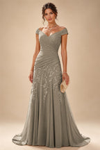 Chiffon Lace A-Line/Princess Off Shoulder Long Mother of the Bride & Groom Dresses with Ruched Waist & Sweep Train (SHI22501250)