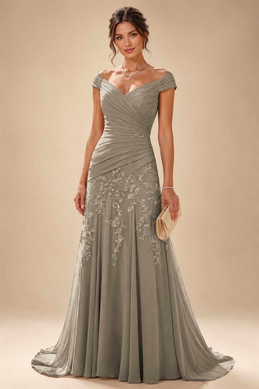 Chiffon Lace A-Line/Princess Off Shoulder Long Mother of the Bride & Groom Dresses with Ruched Waist & Sweep Train (SHI22501250)