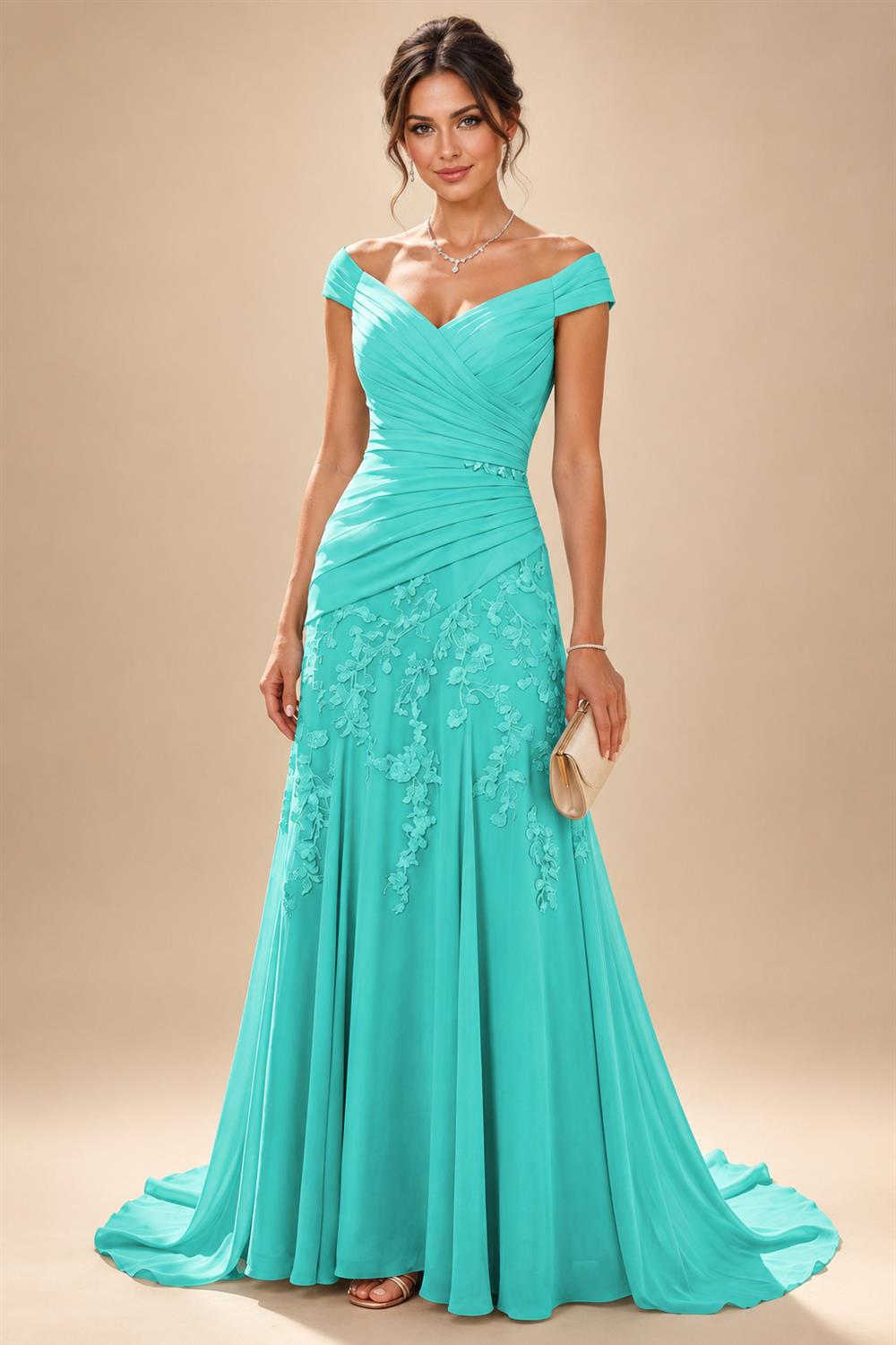 Chiffon Lace A-Line/Princess Off Shoulder Long Mother of the Bride & Groom Dresses with Ruched Waist & Sweep Train (SHI22501250)