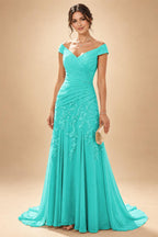 Chiffon Lace A-Line/Princess Off Shoulder Long Mother of the Bride & Groom Dresses with Ruched Waist & Sweep Train (SHI22501250)
