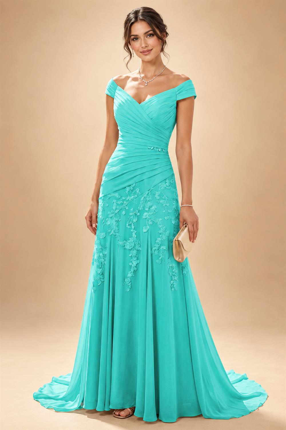 Chiffon Lace A-Line/Princess Off Shoulder Long Mother of the Bride & Groom Dresses with Ruched Waist & Sweep Train (SHI22501250)