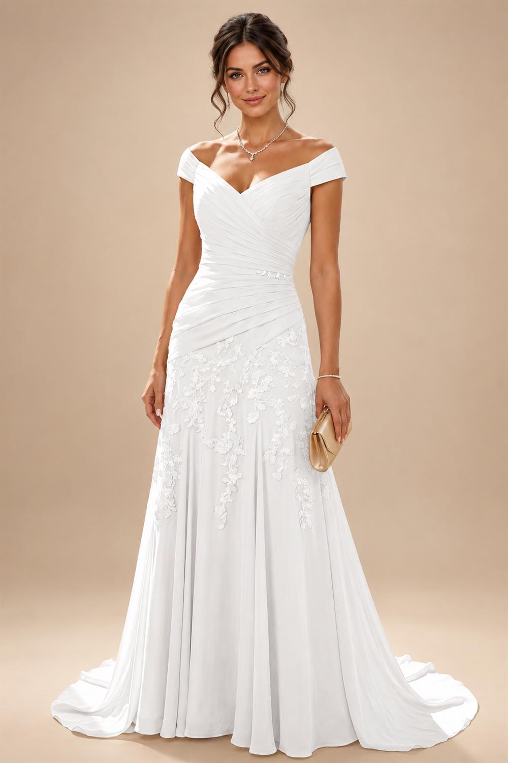 Chiffon Lace A-Line/Princess Off Shoulder Long Mother of the Bride & Groom Dresses with Ruched Waist & Sweep Train (SHI22501250)