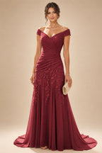 Chiffon Lace A-Line/Princess Off Shoulder Long Mother of the Bride & Groom Dresses with Ruched Waist & Sweep Train (SHI22501250)