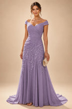 Chiffon Lace A-Line/Princess Off Shoulder Long Mother of the Bride & Groom Dresses with Ruched Waist & Sweep Train (SHI22501250)