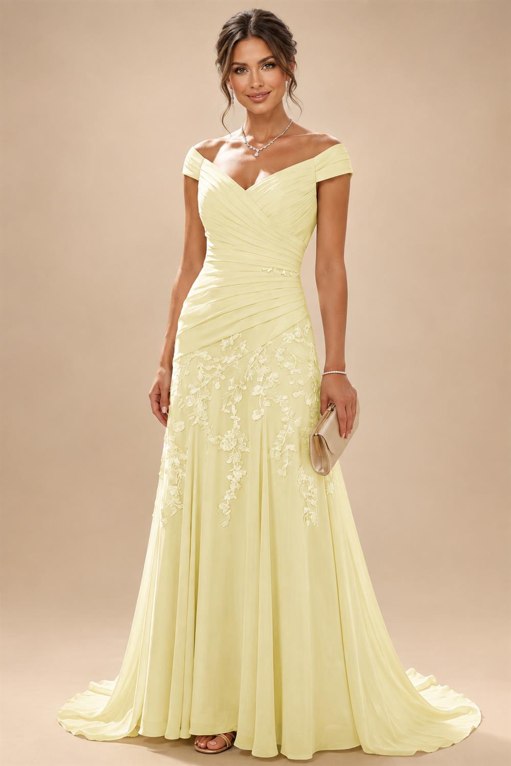 Chiffon Lace A-Line/Princess Off Shoulder Long Mother of the Bride & Groom Dresses with Ruched Waist & Sweep Train (SHI22501250)