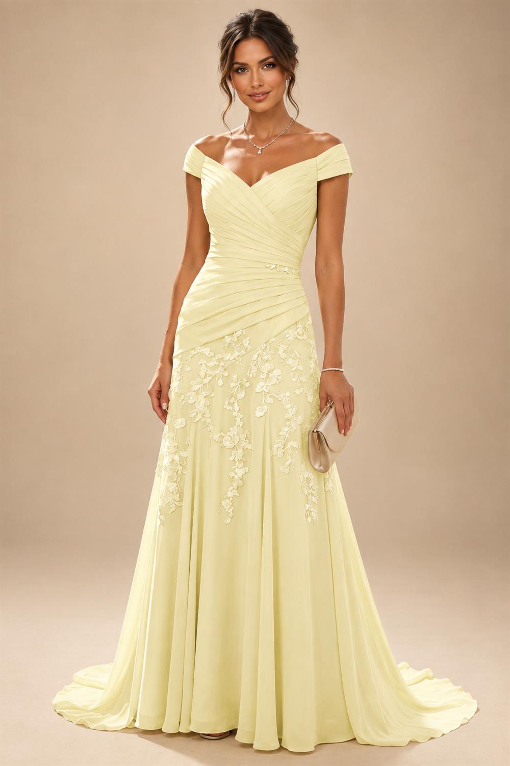 Chiffon Lace A-Line/Princess Off Shoulder Long Mother of the Bride & Groom Dresses with Ruched Waist & Sweep Train (SHI22501250)