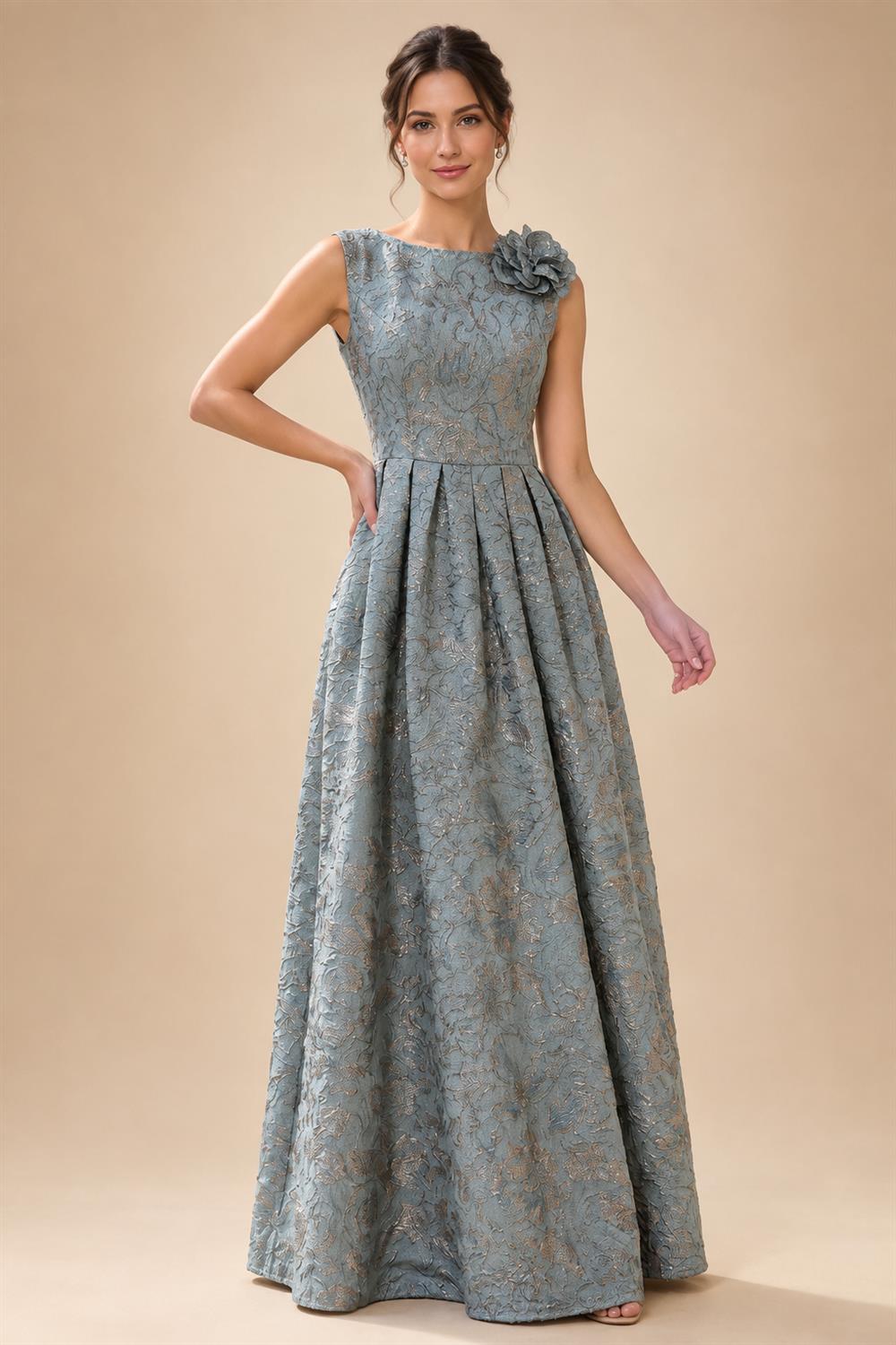 Jacquard A-Line/Princess Scoop Neck Floor-Length Mother of the Bride & Groom Dresses with Ruffles & Ruched Waist (SHI22501201)