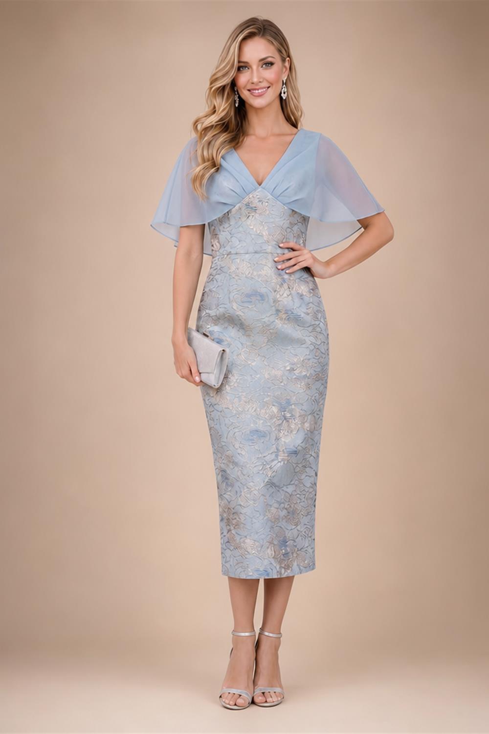Jacquard Sheath/Column V-Neck Tea-Length Mother of the Bride & Groom Dresses for Women (SHI22501292)