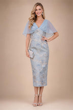 Jacquard Sheath/Column V-Neck Tea-Length Mother of the Bride & Groom Dresses for Women (SHI22501292)