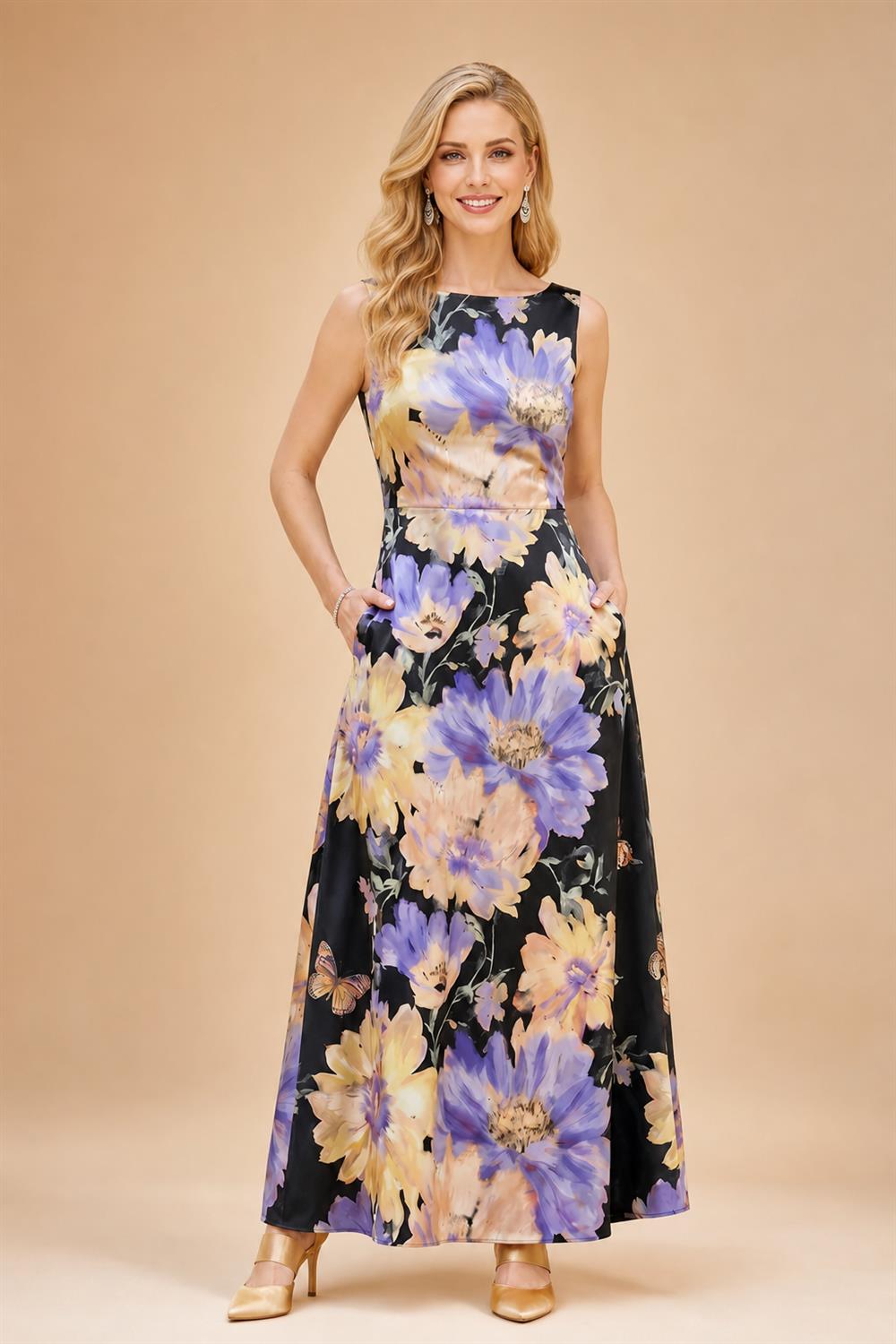 Floral Print A-Line/Princess Scoop Neck Floor-Length Mother of the Bride & Groom Dresses with Pockets (SHI22500916)