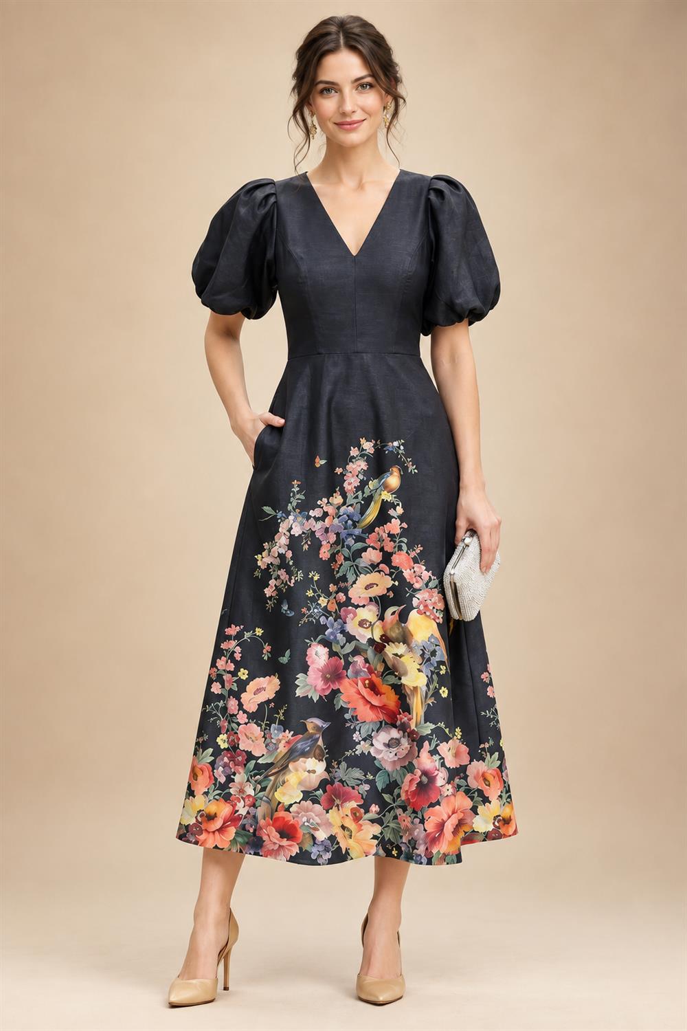 Floral Print A-Line/Princess V-Neck Tea-Length Mother of the Bride & Groom Dresses with Ruched Waist & Pockets (SHI22501150)