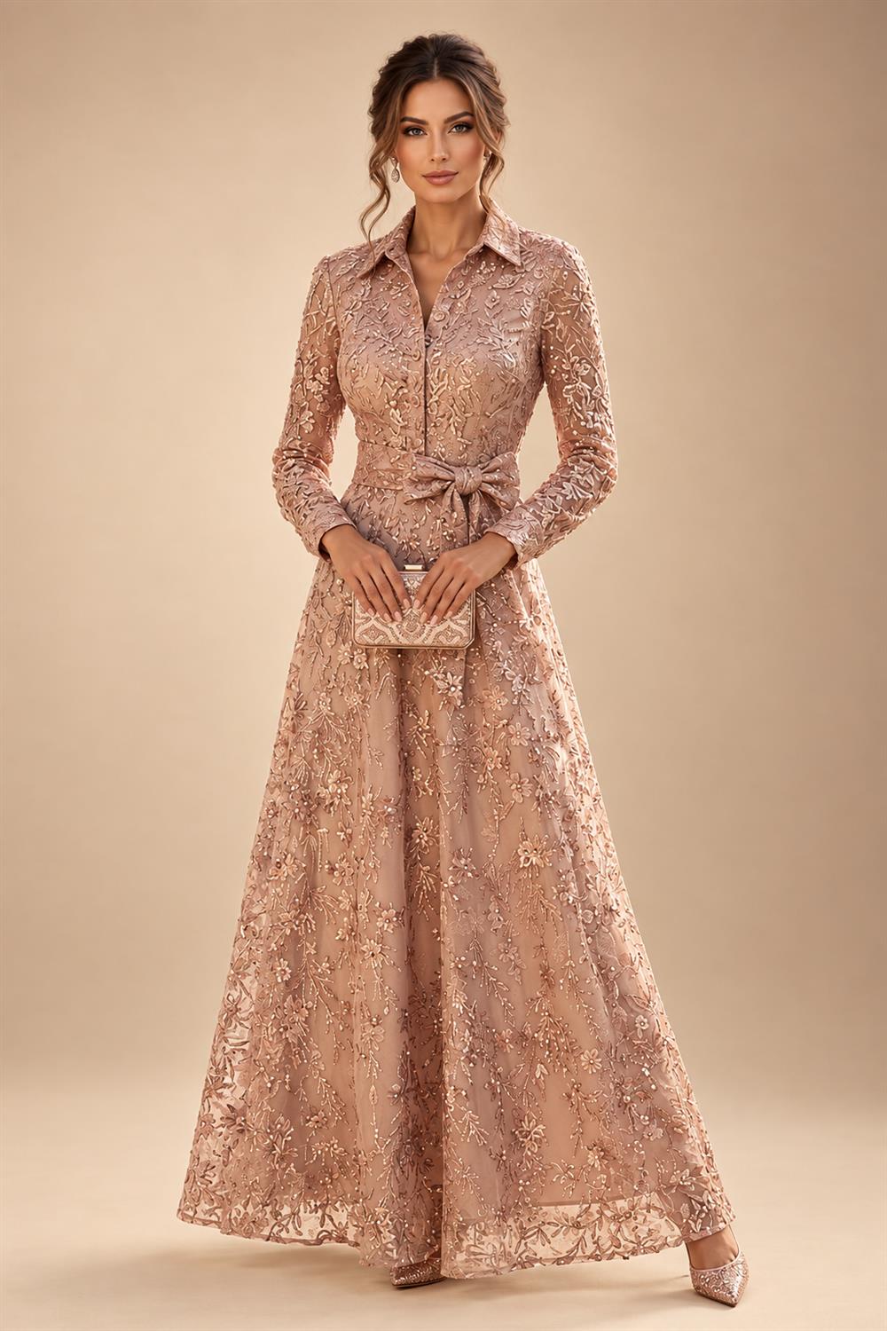Sequin Floral A-Line/Princess V-Neck Floor-Length Mother of the Bride & Groom Dresses with 3D Flowers & Pleats (SHI22501348)