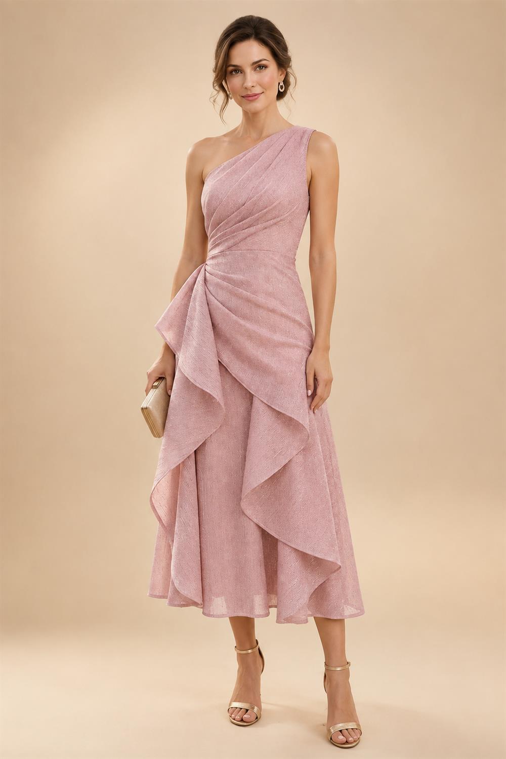 A-Line/Princess Scoop Neck Tea-Length Mother of the Bride & Groom Dresses with Ruffles & Ruched Waist (SHI22501287)