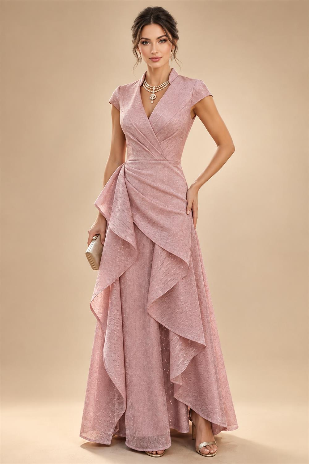 A Line/Princess Stand Collar Short Sleeve Long Elegant Mother of the Bride Dresses (SHI22500207)