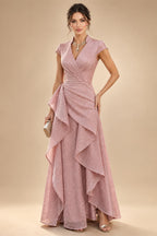 A Line/Princess Stand Collar Short Sleeve Long Elegant Mother of the Bride Dresses (SHI22500207)