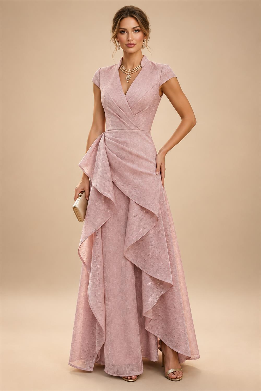 Jacquard Sheath/Column 3/4 Sleeves Floor-Length Mother of the Bride & Groom Dresses with Ruched Waist & Rhinestones (SHI22500801)
