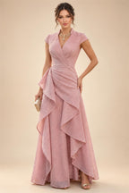 A-Line Chiffon Cape Sleeves Floor-Length Mother of the Bride & Groom Dresses with Ruched Waist (SHI22500705)