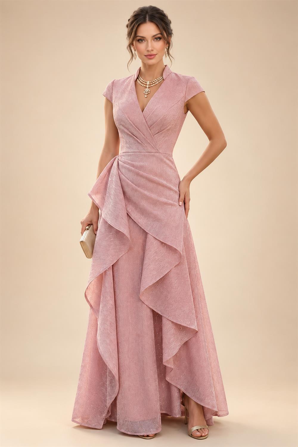 A-Line Chiffon Cape Sleeves Floor-Length Mother of the Bride & Groom Dresses with Ruched Waist (SHI22500705)