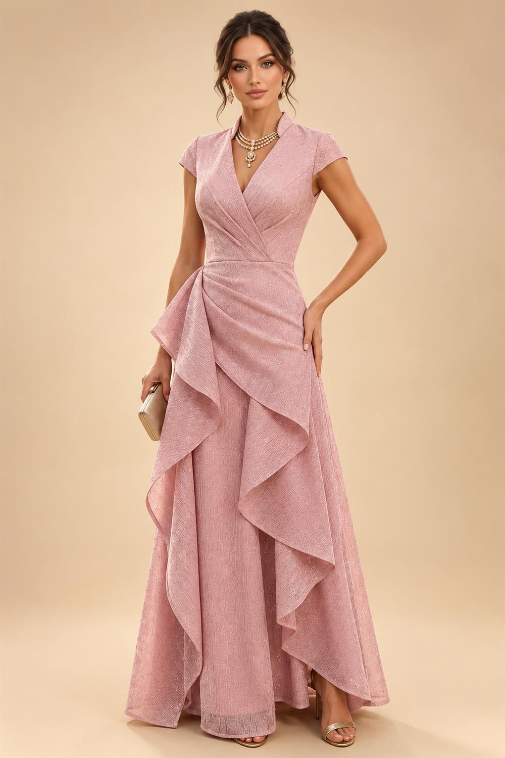 Jacquard Sheath/Column V-Neck Floor-Length Mother of the Bride & Groom Dresses with Ruched Waist (SHI22501057)