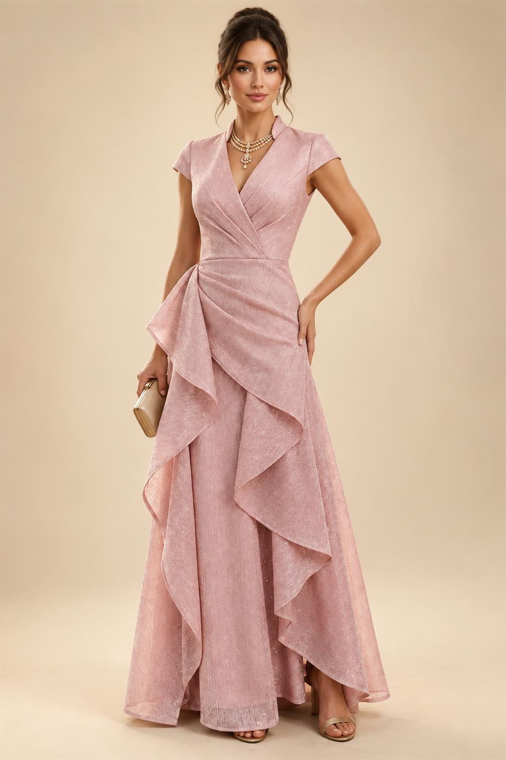 Jacquard Sheath/Column V-Neck Floor-Length Mother of the Bride & Groom Dresses with Ruched Waist (SHI22501057)