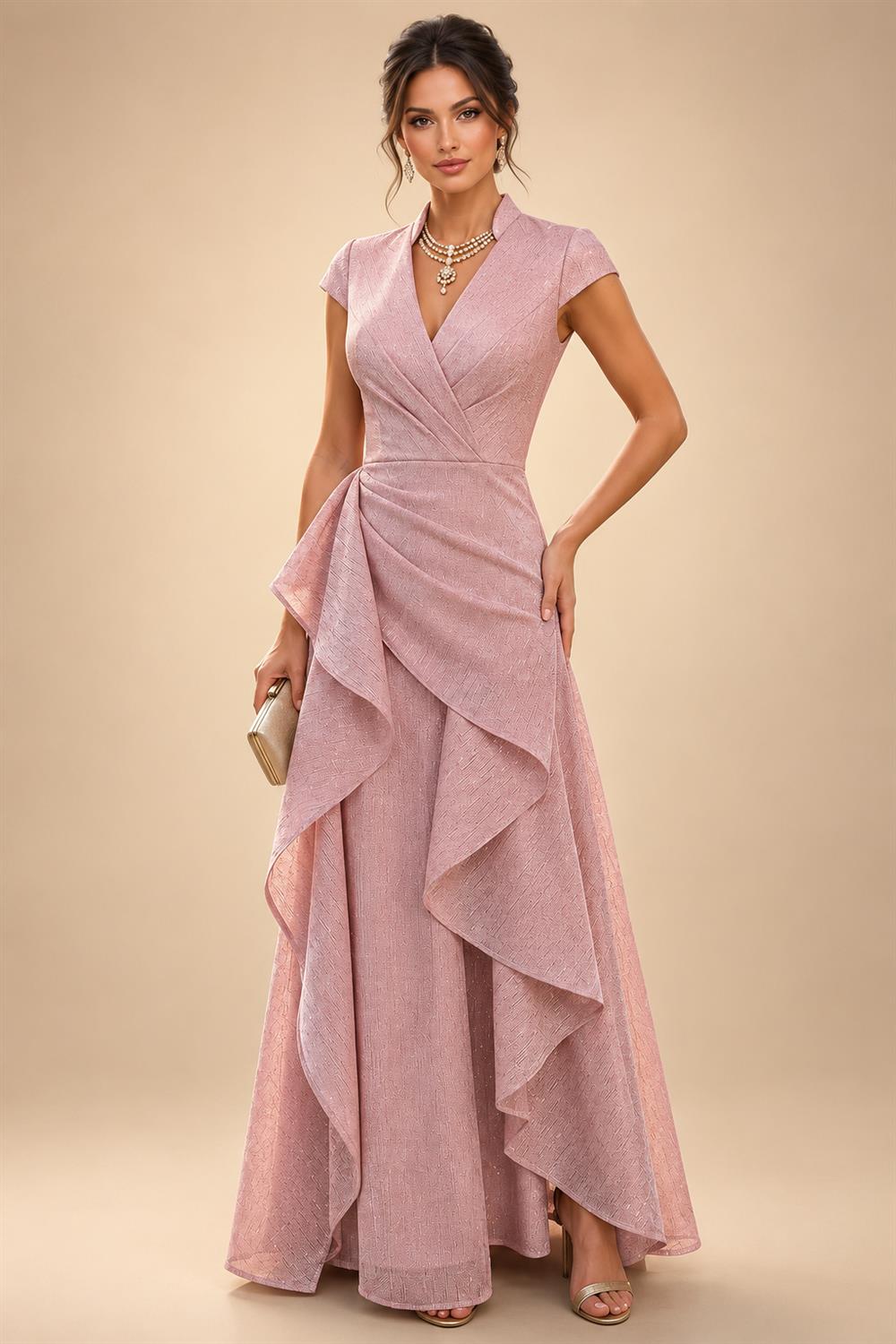 A-Line Chiffon Floral Print 3/4 Cape Sleeves Tiered Mother of the Bride & Groom Dresses with Beaded Waist Embellishment (SHI22500669)