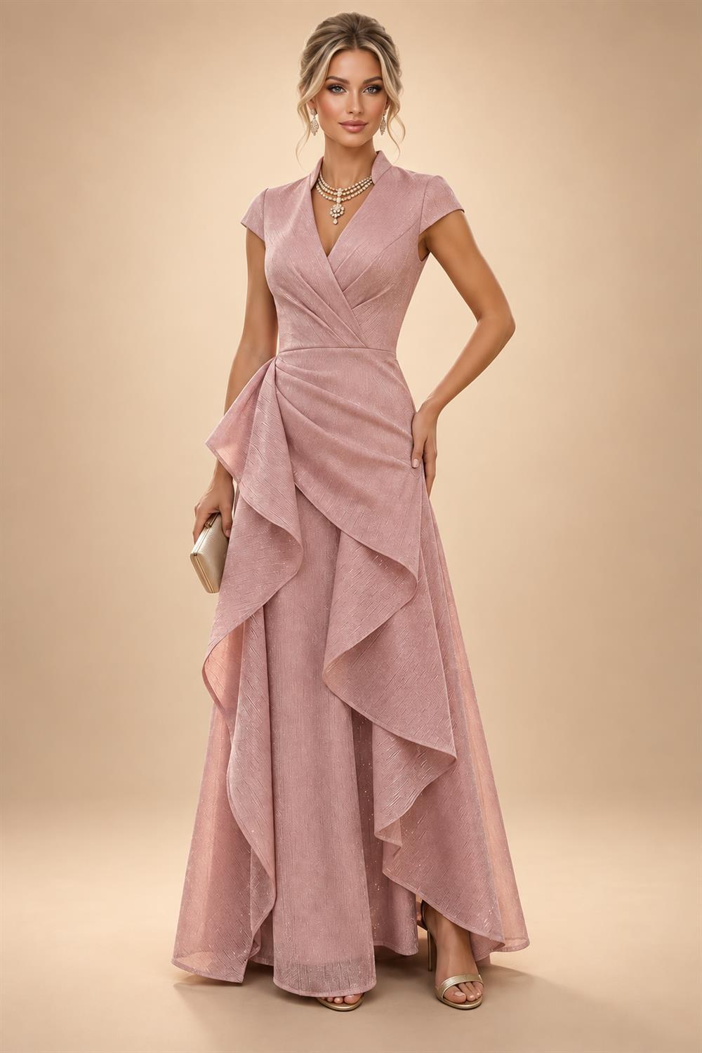 Jacquard A-Line/Princess V-Neck Floor-Length Mother of the Bride & Groom Dresses with Ruched Waist & Pockets (SHI22501298)