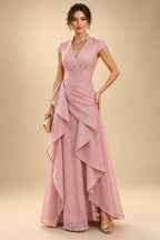 Jacquard Sheath/Column V-Neck Floor-Length Mother of the Bride & Groom Dresses with Ruffles & Ruched Waist (SHI22501058)