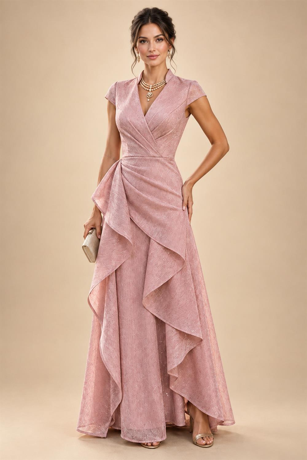 A-Line Chiffon Cape Sleeves Floor-Length Mother of the Bride & Groom Dresses with Ruched Waist (SHI22500705)