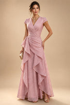 Chiffon Sheath/Column V-Neck Floor-Length Mother of the Bride & Groom Dresses with Lace Embroidery Bodice & Ruched Waist (SHI22501510)