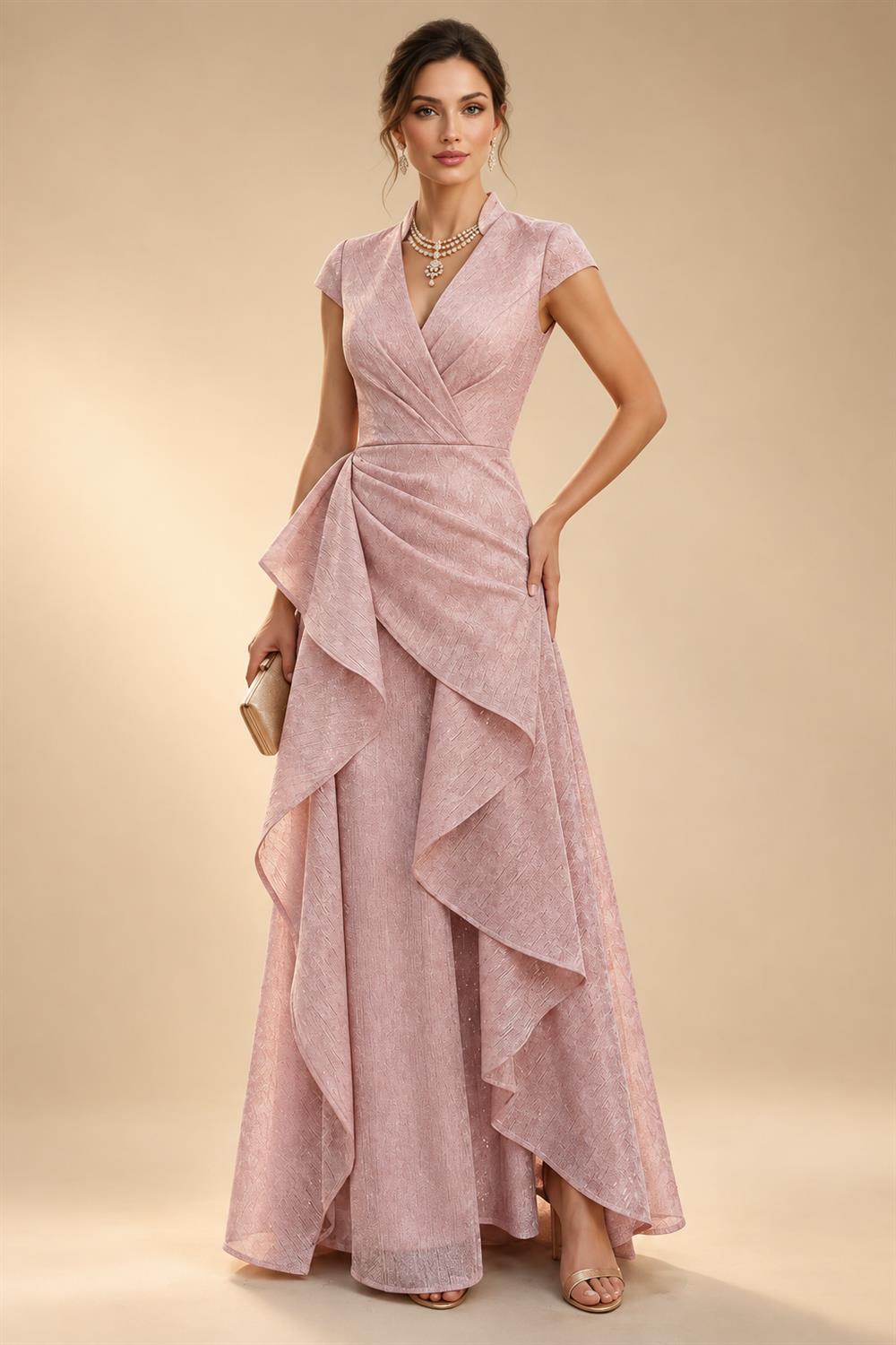 Jumpsuit V Neck Half Sleeve Long Sparkling Mother of the Bride Dresses with Belt (SHI22500201)