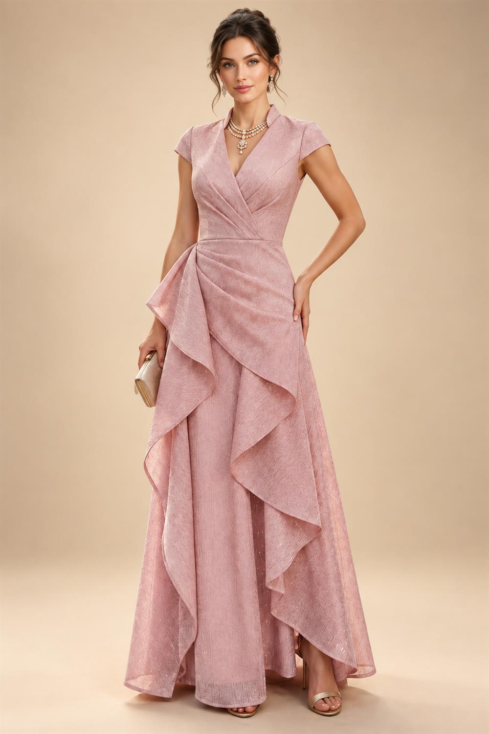 A-Line/Princess Pleated Two-Piece Tea-Length Mother of the Bride Dresses with Cascading Ruffles (SHI22500054)