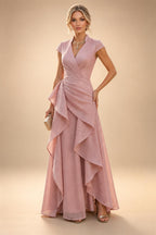 A-Line/Princess Scoop Neck Satin High-Low Mother of the Bride & Groom Dresses with Lace Appliques, Ruffles & Pleats (SHI22501633)