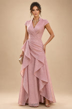 Jacquard A-Line/Princess V-Neck Tea-Length Mother of the Bride & Groom Dresses with Ruched Waist (SHI22501056)