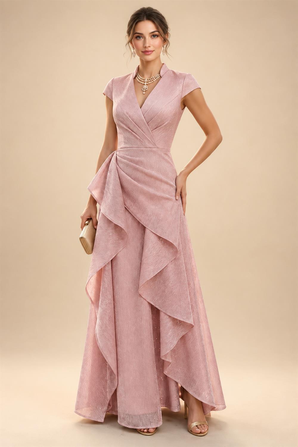 A-Line Chiffon V-Neck Short Sleeve Mother of the Bride Dresses Floor-Length with Sequin Appliques (SHI22500297)