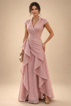A-Line Satin V-Neck 3/4 Sleeve Mother of the Bride Dresses Floor-Length Ball Gown with Applique (SHI22500294)