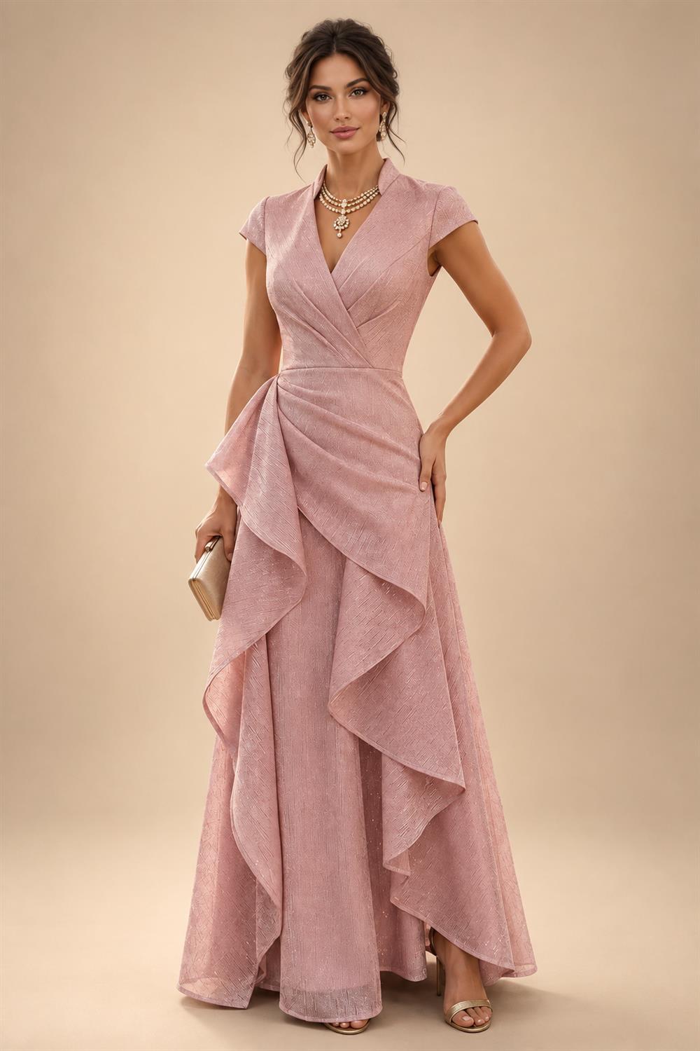 A-Line Satin V-Neck 3/4 Sleeve Mother of the Bride Dresses Floor-Length Ball Gown with Applique (SHI22500294)