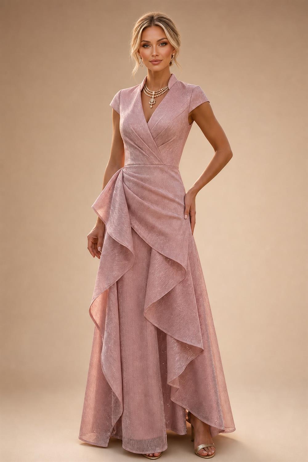 Jacquard Sheath/Column V-Neck Tea-Length Mother of the Bride & Groom Dresses for Women (SHI22501292)