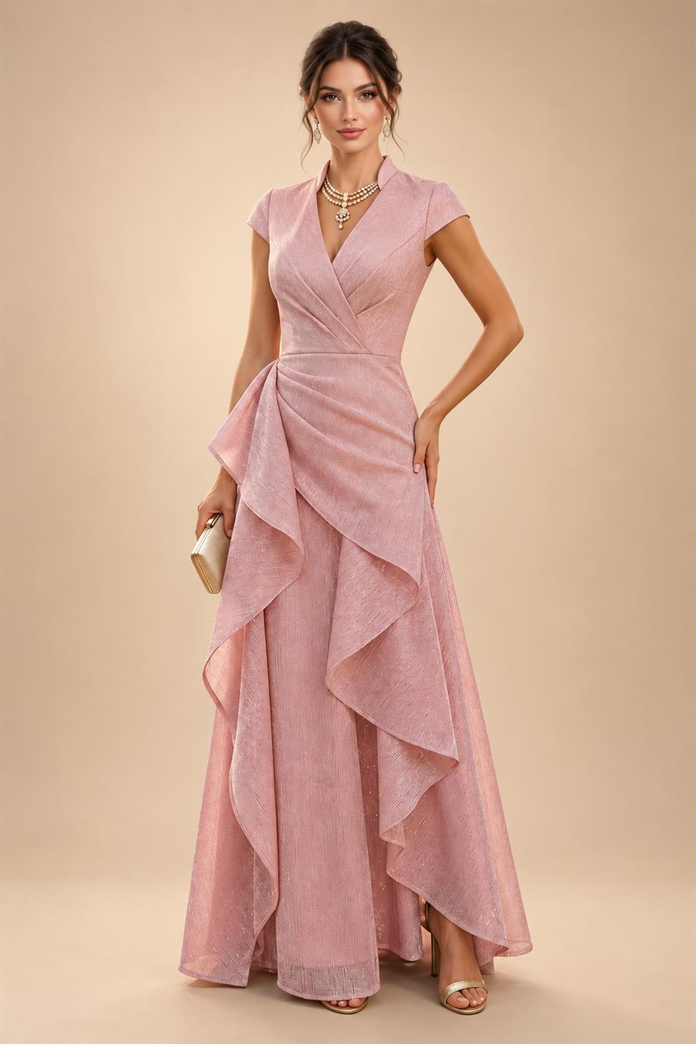 A Line V Neck Short Sleeve Chiffon Ruched Mother of the Bride Dresses with Sequin Embroidery (SHI22500231)