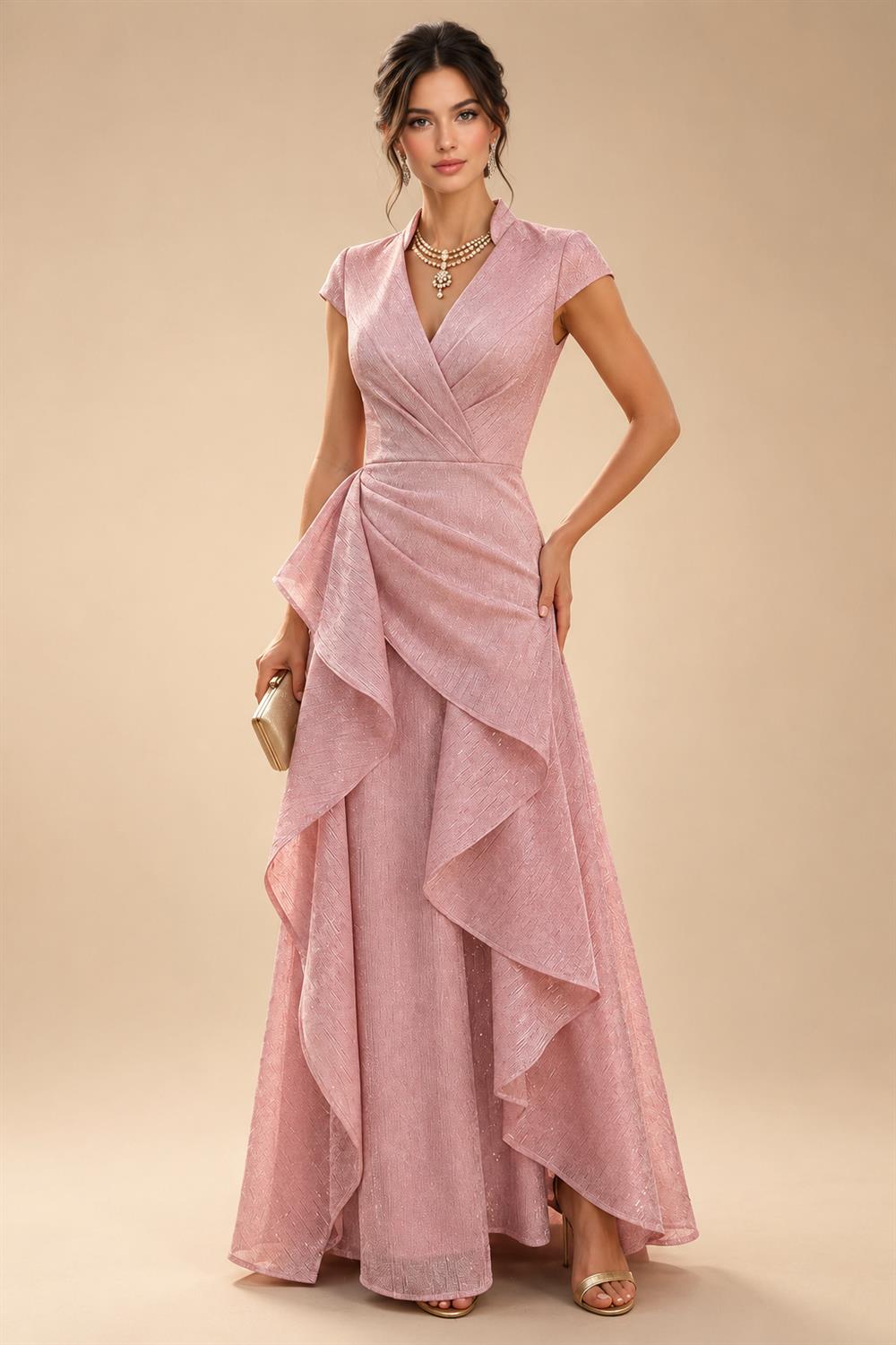 Sheath/Column V-Neck Jacquard Maxi Mother of the Bride & Groom Dresses with Ruffles & Slit (SHI25001047)
