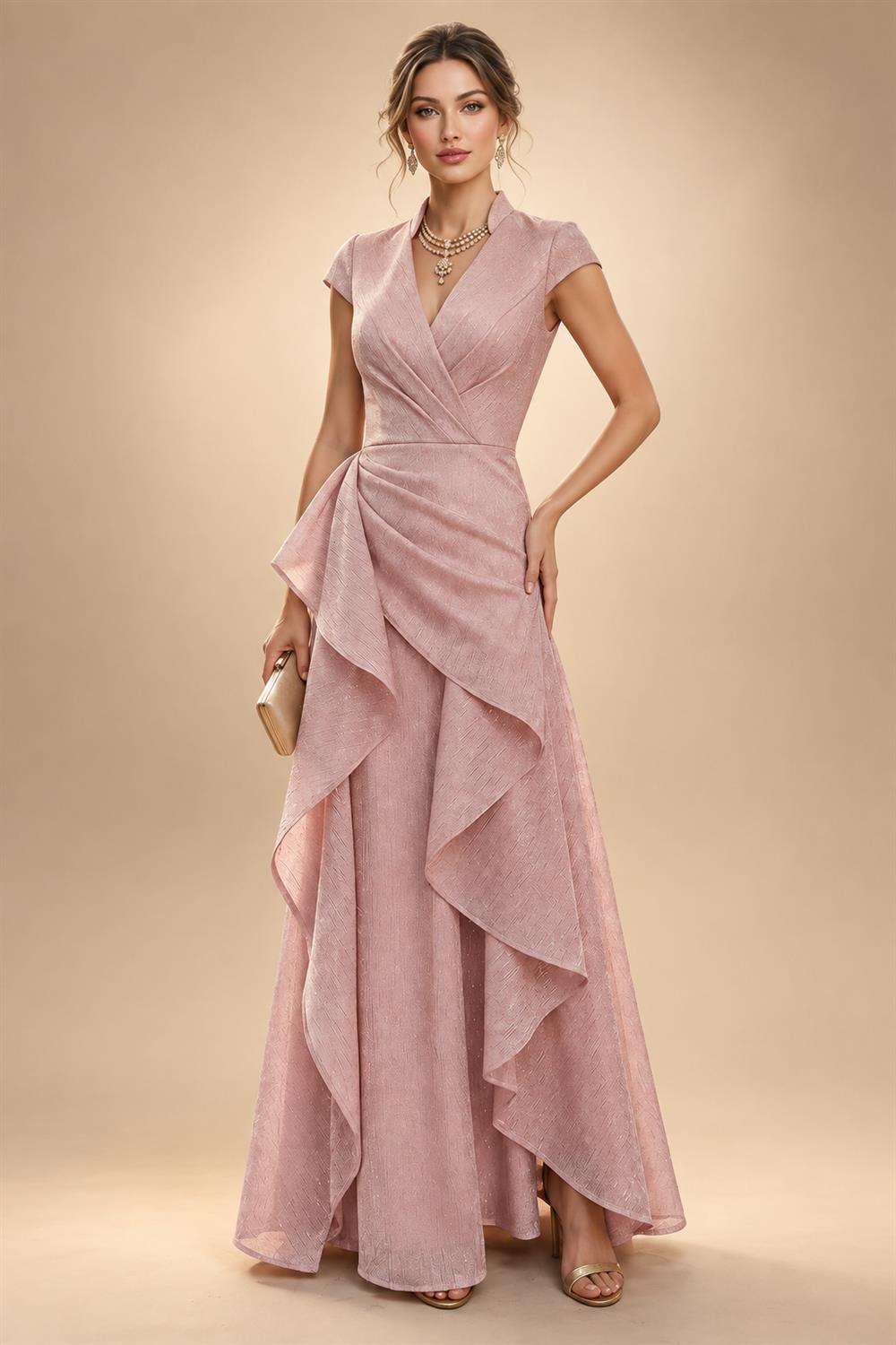Jacquard Sheath/Column V-Neck Floor-Length Mother of the Bride & Groom Dresses with Ruched Waist (SHIB22500907)