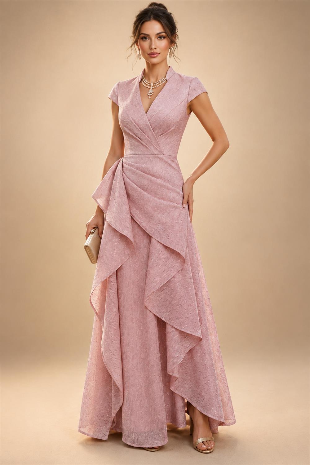 Jacquard A-Line/Princess V-Neck Tea-Length Mother of the Bride & Groom Dresses with Ruched Waist (SHI22501056)