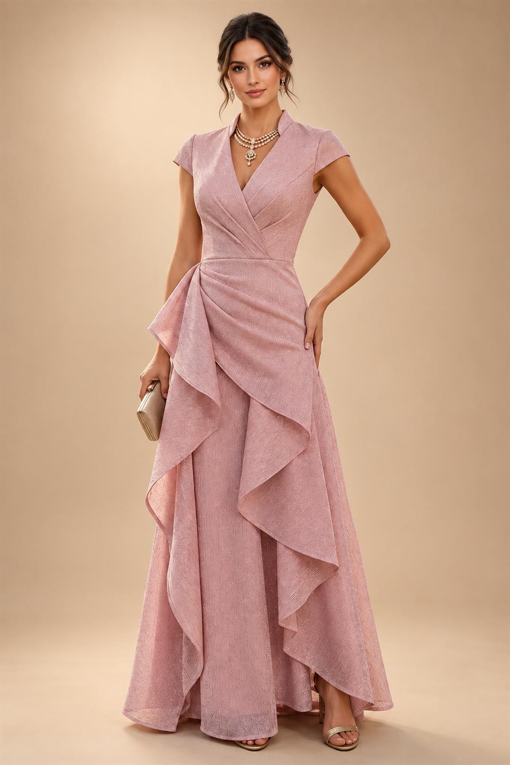 A-Line/Princess V-Neck Chiffon Maxi Mother of the Bride & Groom Dresses with Feather Trim & Pleats (SHI22501651)