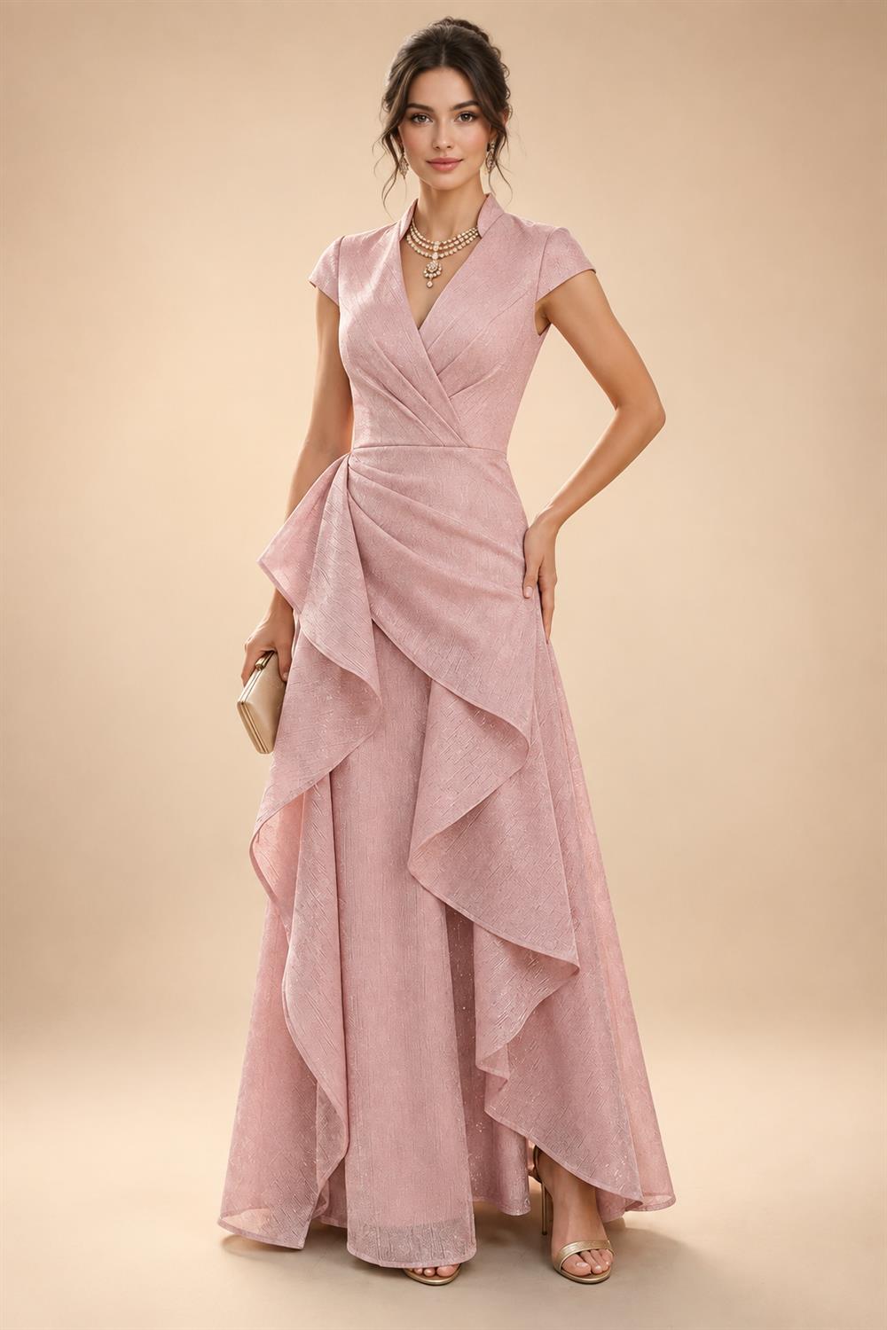 A-Line/Princess V-Neck Chiffon Maxi Mother of the Bride & Groom Dresses with Ruffles, Slit, Ruched Waist & Rhinestones (SHI22501628)