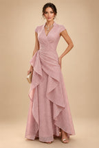 A-Line/Princess V-Neck Chiffon Maxi Mother of the Bride & Groom Dresses with Lace Appliques, Sweep Train, Ruffles, 3D Flowers & Ruched Waist (SHI22501653)